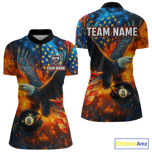 Personalized Flaming American Flag 8 Ball Eagle Billiard Shirt For Women, Patriotic Pool Team Jersey TDM4258