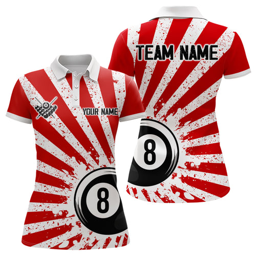Funny Grunge Billiard 8 Ball Women Polo & Quarter-Zip Shirts Custom Red 8 Ball Pool Jerseys Attire TDM1879