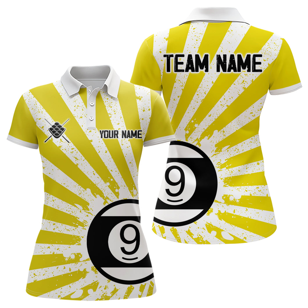 Funny Grunge Billiard 9 Ball Women Polo & Quarter-Zip Shirts Custom Yellow 9 Ball Pool Jerseys Attire TDM1881