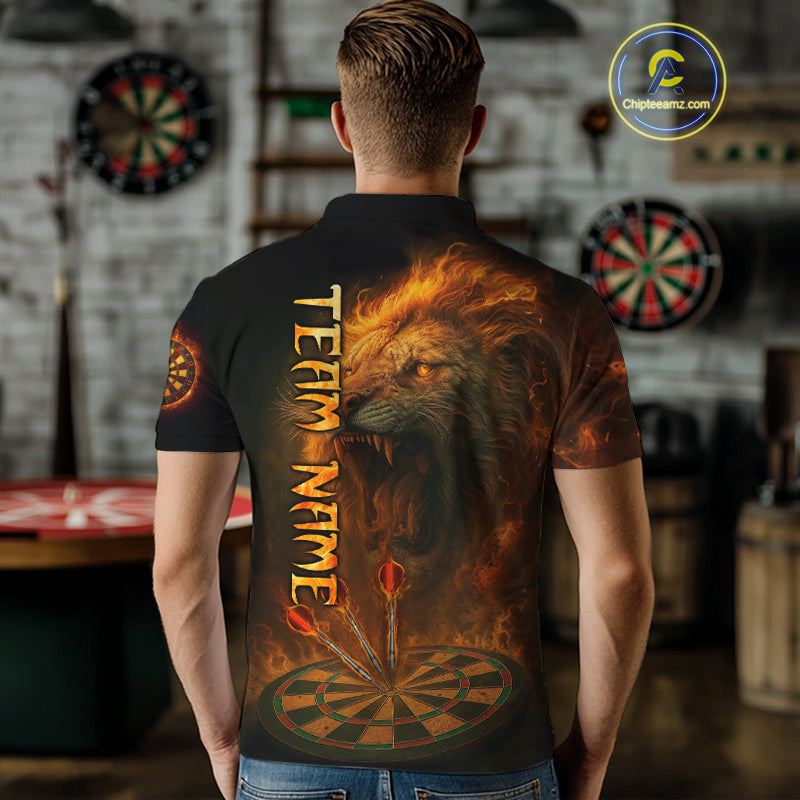 Personalized Fire Flame Lion Darts Shirt For Men Custom Orange Darts League Jersey Polo & 1/4 Zip TDM4678