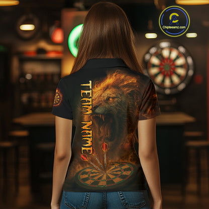 Personalized Fire Flame Lion Darts Shirt For Women Custom Orange Darts League Jersey Polo & 1/4 Zip TDM4678