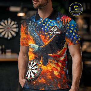 Personalized Orange Flaming US Flag Eagle Darts Shirt For Men, Patriotic Darts Team Jerseys TDM4438