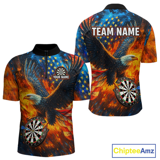 Personalized Orange Flaming US Flag Eagle Darts Shirt For Men, Patriotic Darts Team Jerseys TDM4438