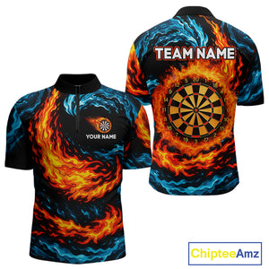 Personalized Blue And Orange Flame Darts Shirt For Men | Custom Storm Fire Team Darts Jersey TDM4274