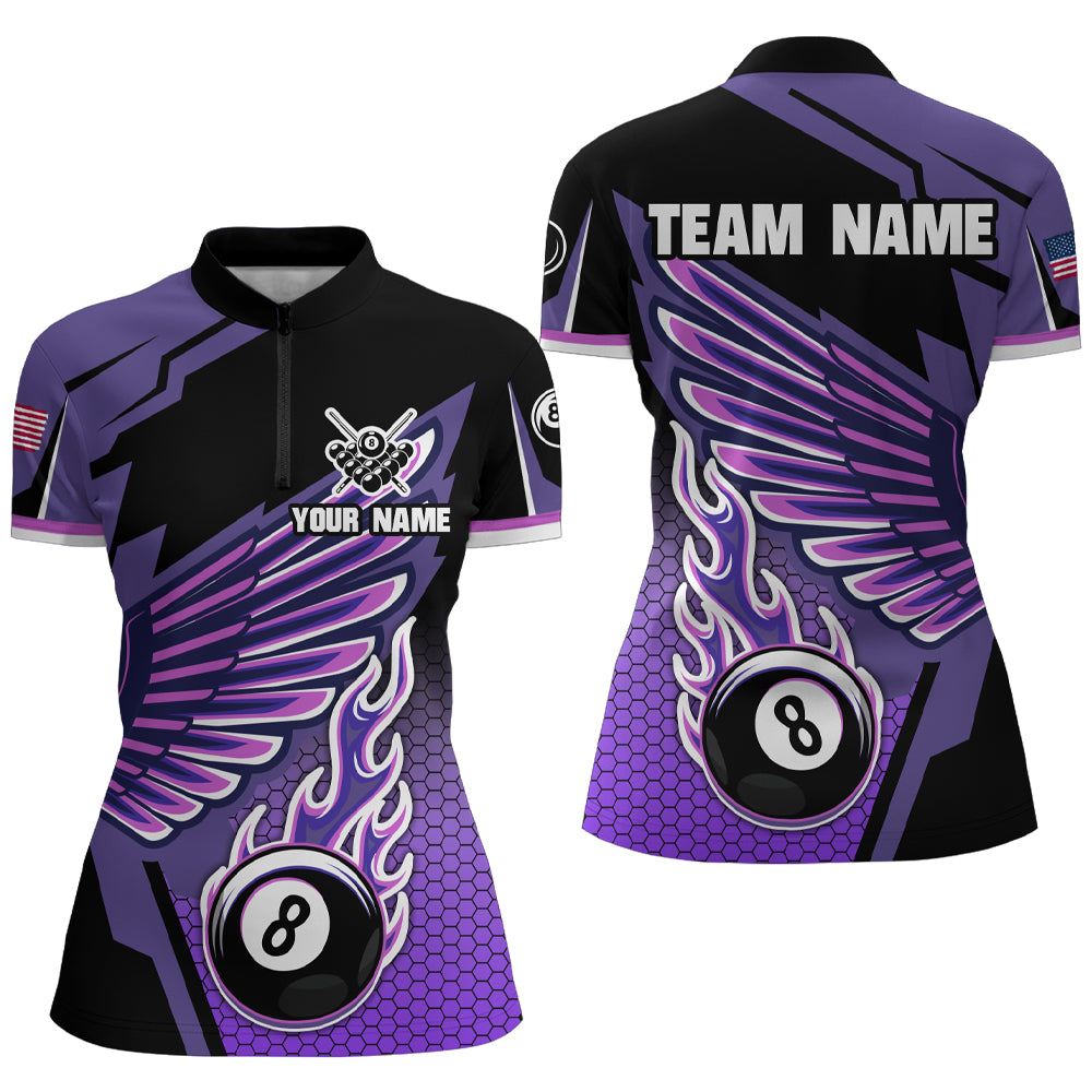Personalized Billiard Purple Cool Wing Women Polo & Quarter-Zip Shirts, 8 Ball Pool Jersey Shirts TDM1722