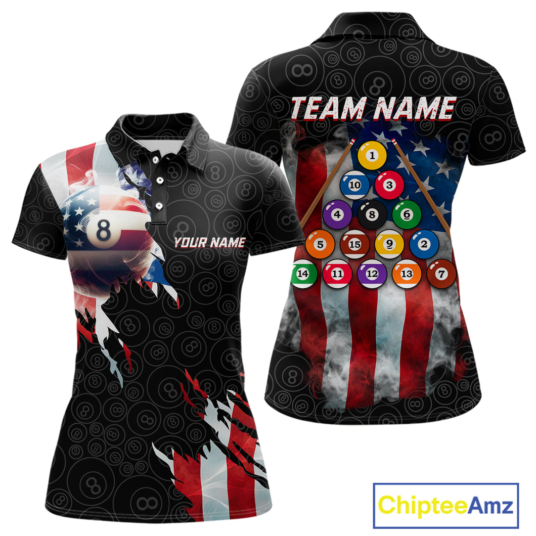 American Flag 8 Ball Billiard Shirts For Women Custom Pool Team Jerseys Polo & Quarter Zip TDM3966