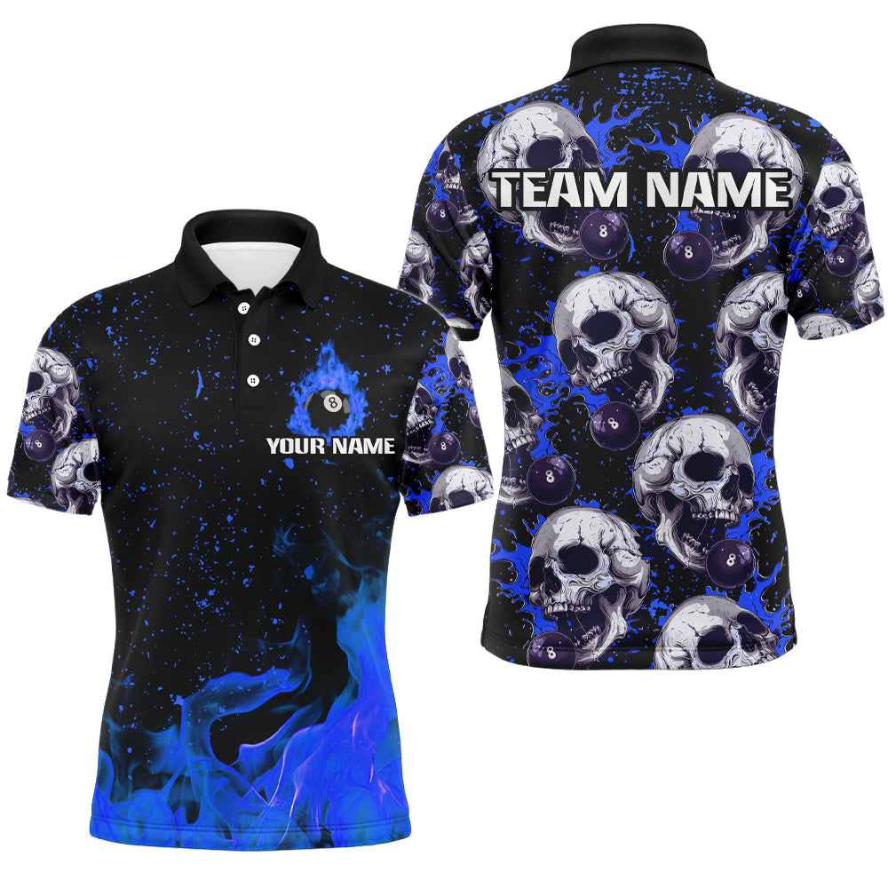 Customized Blue Billiard Skull Fire 8 Ball Men Polo & Quarter-Zip Shirts, Grunge Pool Team Jerseys TDM1747