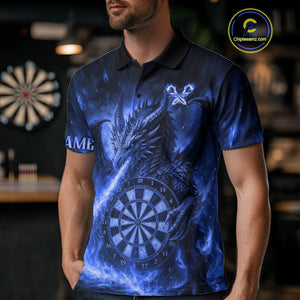Blue Flaming Dragon Darts Jersey For Men Custom Polo & Quarter Zip Darts League Team Shirt TDM4557