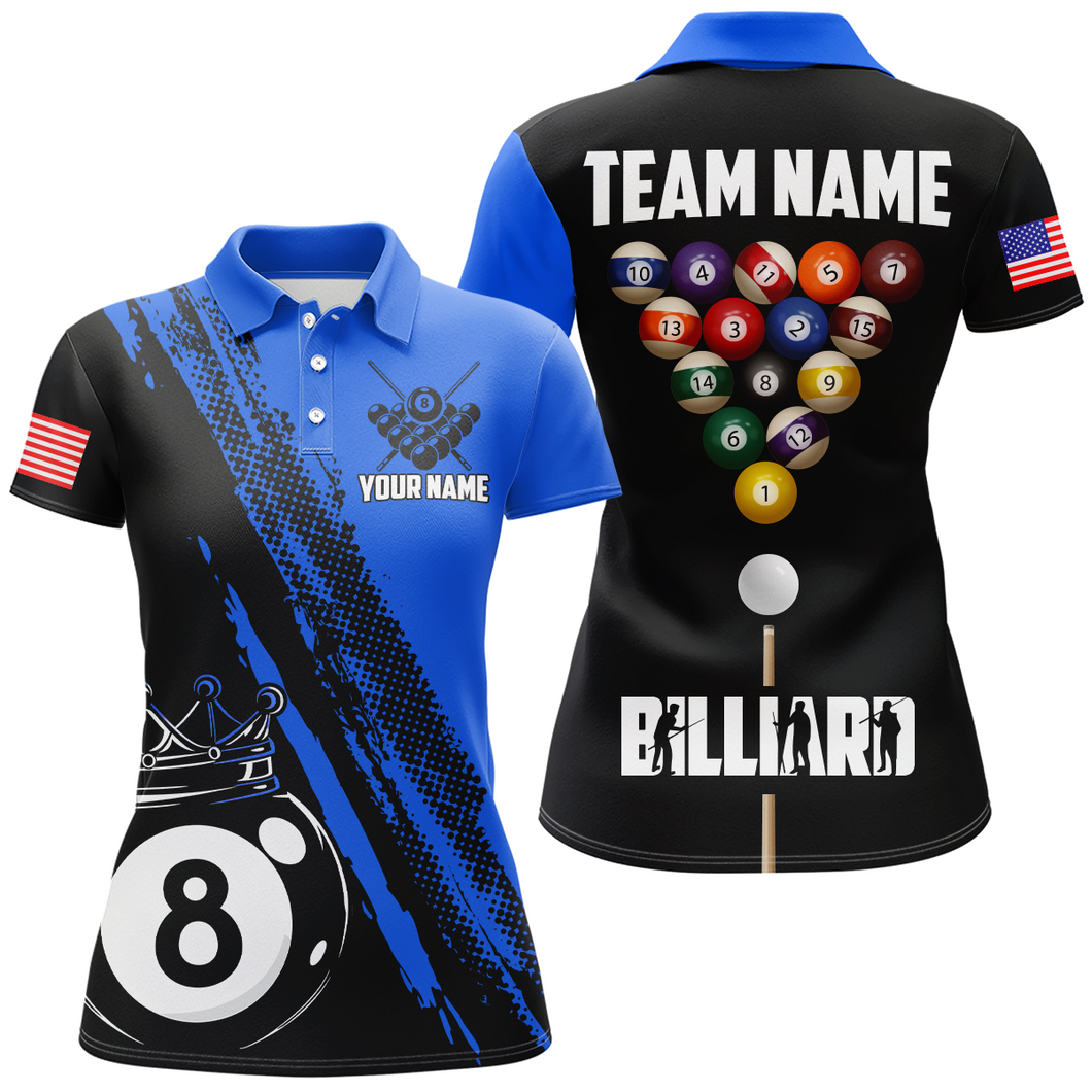 Personalized 8 Ball Pool Crown Billiard Jerseys Polo & 1/4 Zip For Women, Billiard Team Shirts| Blue TDM2992