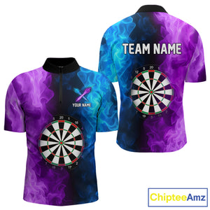 Blue And Purple Custom Fire Darts Shirt For Men, Personalized Darts Team Jersey Polo & 1/4 Zip TDM4207