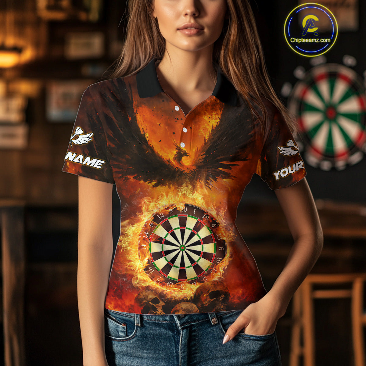 Personalized Orange Flaming Phoenix Darts Shirt For Women, Darts League Jersey Team Polo & 1/4 Zip TDM4490