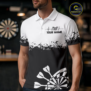 Personalized White Black Heartbeat Darts Shirt For Men Custom Grunge Darts Jersey Polo & 1/4 Zip TDM4530