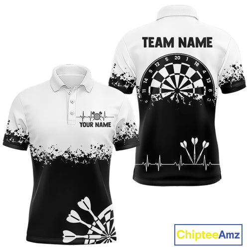 Personalized White Black Heartbeat Darts Shirt For Men Custom Grunge Darts Jersey Polo & 1/4 Zip TDM4530