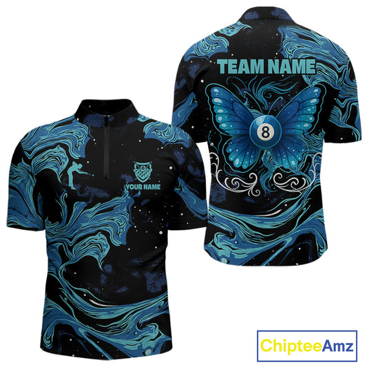 Custom Teal Blue Marble Billiard Shirt For Men, 8 Ball Butterfly Pool Team Jersey Polo & 1/4 Zip TDM4776