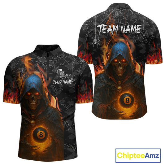Personalized Flaming Grim Reaper 8 Ball Pool Billiard Shirt For Men, Halloween Billiard Outfit TDM4788
