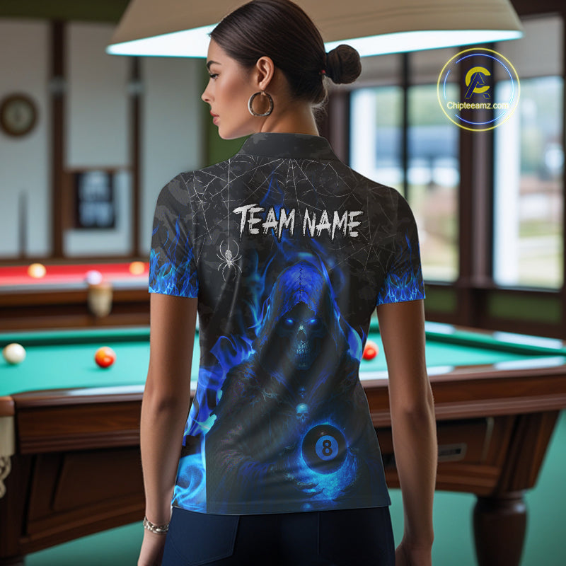 Customized Blue Flaming Grim Reaper 8 Ball Pool Billiard Shirt For Women, Halloween Billiard Outfit TDM4789