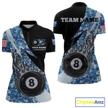 Load image into Gallery viewer, Personalized flame 8 ball pool military blue camo billiard quarter zip shirt for women, custom military camo pool team jersey and tournament apparel.