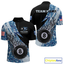 Load image into Gallery viewer, Personalized flame 8 ball pool military blue camo billiard quarter zip shirt for men, custom military camo pool team jersey and tournament apparel.