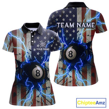 Load image into Gallery viewer, Blue 8 Ball Lightning American Flag Billiard Shirt For Women Custom Patriotic Pool Team Jersey TDM5404