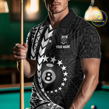 Load image into Gallery viewer, Man wearing custom black and white 8 ball pool tribal billiard team jersey polo shirt featuring tribal artwork, front view.