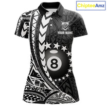 Load image into Gallery viewer, Custom black and white 8 ball pool tribal billiard team jersey polo shirt for women featuring detailed tribal artwork, premium custom pool league apparel for tournaments, league matches and competitive billiard teams.