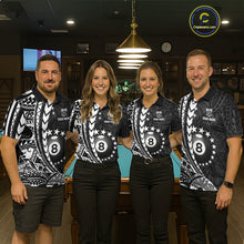 Load image into Gallery viewer, Billiard team wearing matching custom black and white 8 ball pool tribal team jerseys featuring detailed tribal graphics, front view.