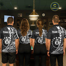 Load image into Gallery viewer, Billiard team wearing matching custom black and white 8 ball pool tribal team jerseys featuring detailed tribal graphics, back view.