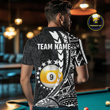 Load image into Gallery viewer, Man wearing custom black and white 9 ball pool tribal billiard team jersey polo shirt featuring tribal artwork, back view.
