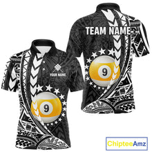 Load image into Gallery viewer, Custom black and white 9 ball pool tribal billiard team jersey polo shirt for men featuring detailed tribal artwork, premium custom pool league apparel for tournaments, league matches and competitive billiard teams.