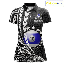 Load image into Gallery viewer, Custom black and white 10 ball pool tribal billiard team jersey polo shirt for women featuring detailed tribal artwork, premium custom pool league apparel for tournaments, league matches and competitive billiard teams.