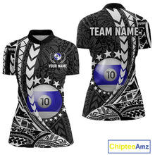 Load image into Gallery viewer, Custom black and white 10 ball pool tribal billiard team jersey quarter zip shirt for women featuring striking tribal graphics, premium billiard league apparel for tournament play.