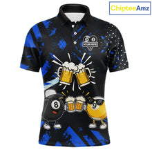 Load image into Gallery viewer, Black blue funny beer 8 ball and 9 ball pool billiard team jersey polo shirt for men featuring a humorous beer-themed design, custom pool league apparel with premium performance fabric for tournaments and league competition.