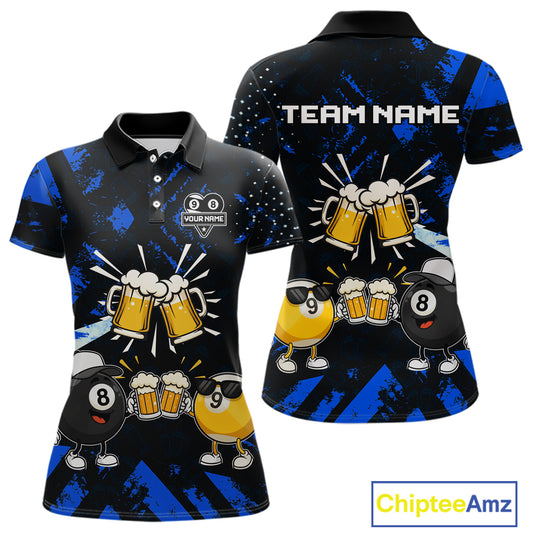 Black blue funny beer 8 ball and 9 ball pool billiard team jersey polo shirt for women featuring a humorous beer-themed design, custom pool league apparel with premium performance fabric for tournaments and league competition.