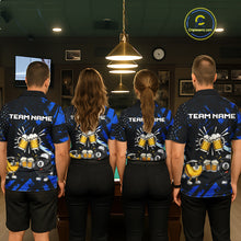 Load image into Gallery viewer, Billiard team wearing matching black blue funny beer 8 ball and 9 ball pool team jerseys featuring the humorous beer design, back view.