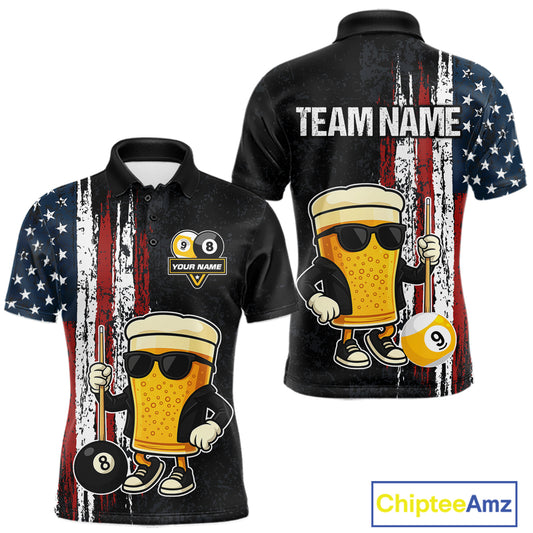 Funny Beer 8 Ball & 9 Ball American Flag Billiard Shirt For Men Custom Patriotic Pool Team Jersey TDM5427