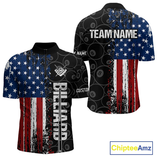 Grunge American Flag 8 Ball Pool Billiard Shirt For Men Custom Patriotic Billiard Team Jersey TDM5428