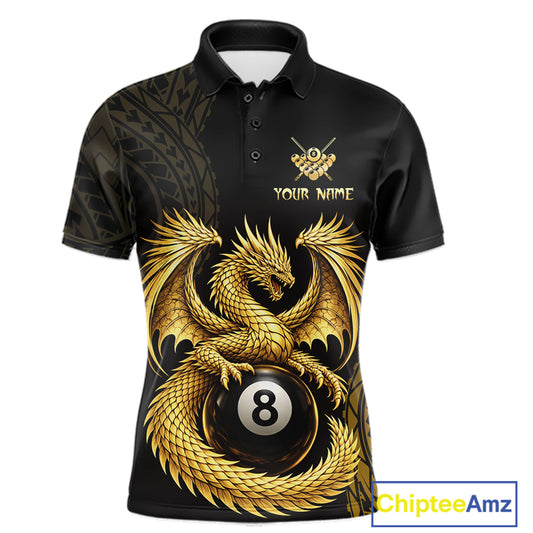 Black And Golden Custom Dragon Billiard Shirt For Men, 8 Ball Pool Team Jersey Polo & 1/4 Zip TDM6058