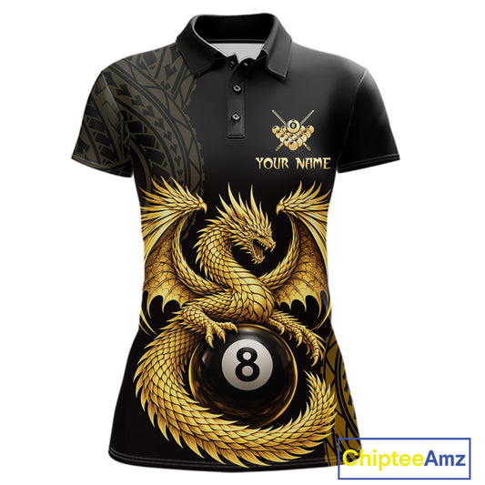 Black And Golden Custom Dragon Billiard Shirt For Women, 8 Ball Pool Team Jersey Polo & 1/4 Zip TDM6058