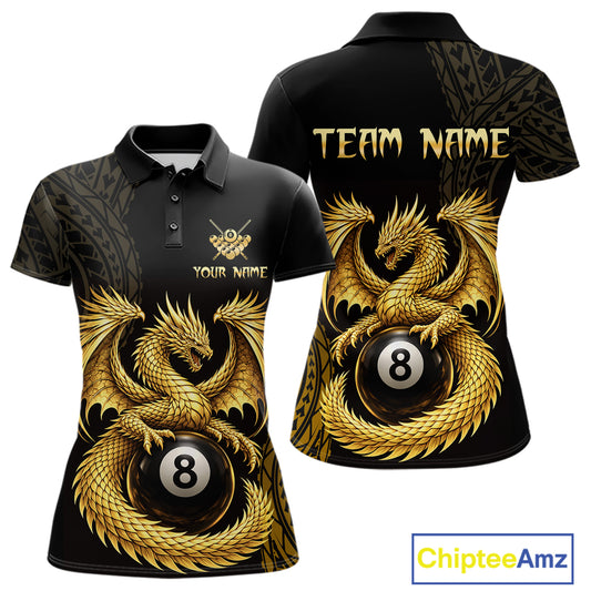 Black And Golden Custom Dragon Billiard Shirt For Women, 8 Ball Pool Team Jersey Polo & 1/4 Zip TDM6058