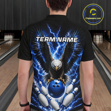 Load image into Gallery viewer, Back view of man wearing a blue thunder lightning eagle bowling polo shirt inside a bowling alley.