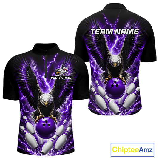 Purple thunder lightning eagle bowling quarter zip shirt for men built for tournaments and league play.