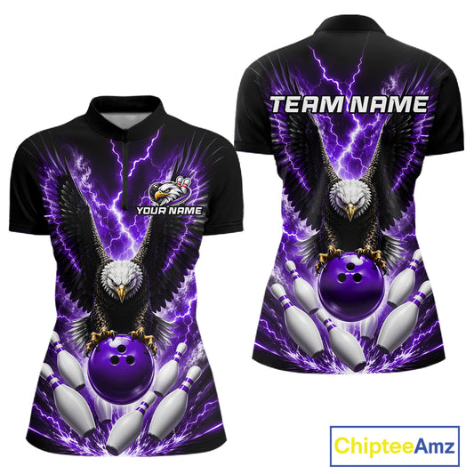 Purple thunder lightning eagle bowling quarter zip shirt for women built for tournaments and league play.