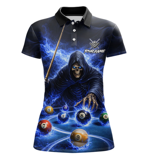 Blue Flaming Grim Reaper Billiard Shirt For Women Custom Pool Team Jersey Polo & Quarter Zip Shirt TDM5738