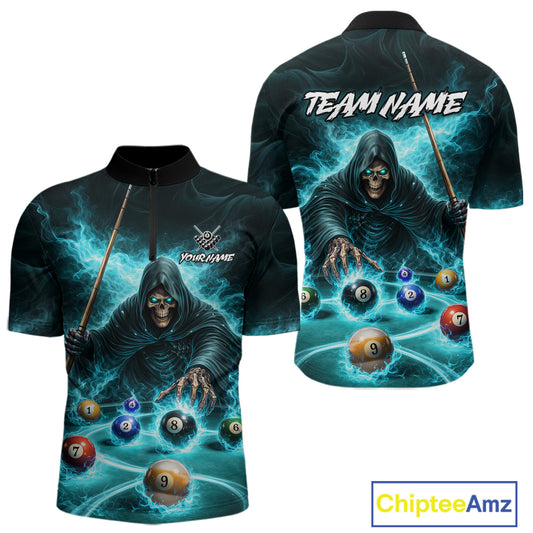 Turquoise Flaming Grim Reaper Billiard Shirt For Men Custom Pool Team Jersey Polo & Quarter Zip TDM5740