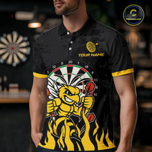 Load image into Gallery viewer, Man wearing black and yellow funny bee darts team jersey polo shirt featuring funny bee artwork, front view.