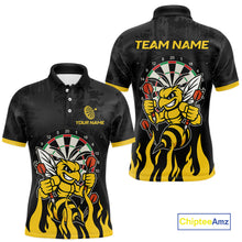 Load image into Gallery viewer, Black and yellow funny bee darts team jersey polo shirt for men featuring a funny bee design, premium custom darts league apparel and personalized darts gifts.