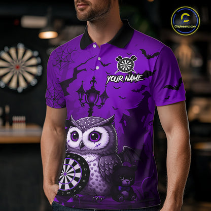 Personalized Purple Funny Owl Halloween Darts Shirt For Men Custom Pumpkin Darts Team Jersey TDM7264