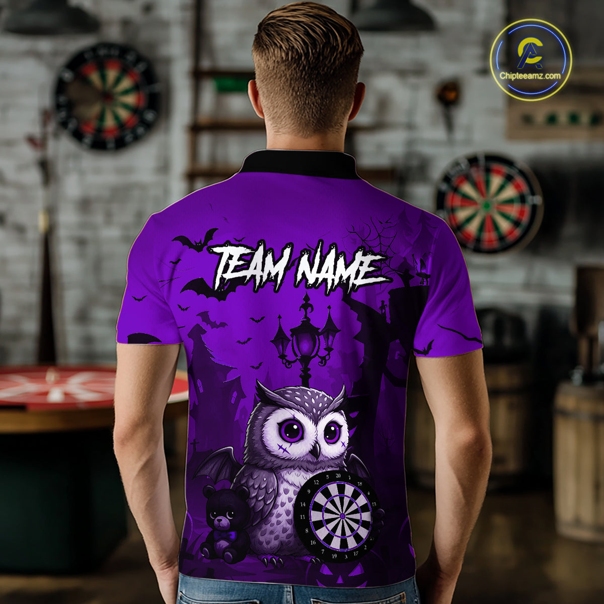 Personalized Purple Funny Owl Halloween Darts Shirt For Men Custom Pumpkin Darts Team Jersey TDM7264