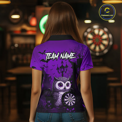 Personalized Purple Funny Owl Halloween Darts Shirt For Women Custom Pumpkin Darts Team Jersey TDM7264