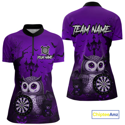 Personalized Purple Funny Owl Halloween Darts Shirt For Women Custom Pumpkin Darts Team Jersey TDM7264